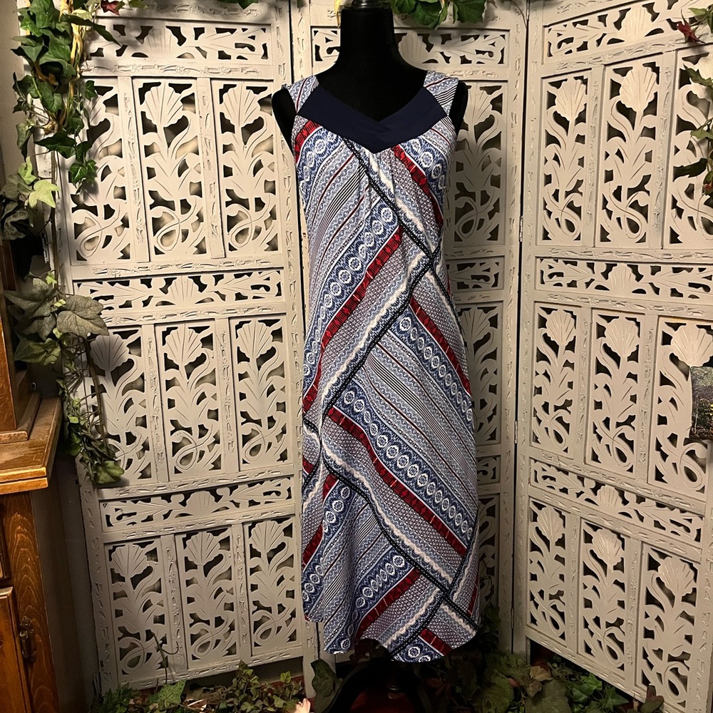 PERSEPTION CONCEPTS STRIKING NAVY BLUE RED & WHITE DESIGN SLEEVELESS MAXI DRESS